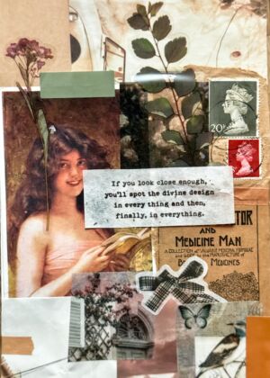 a collage of pictures and words on a wooden surface